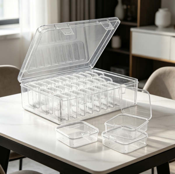 30 Pack Of Mini Clear Storage Boxes With Hinged Lids