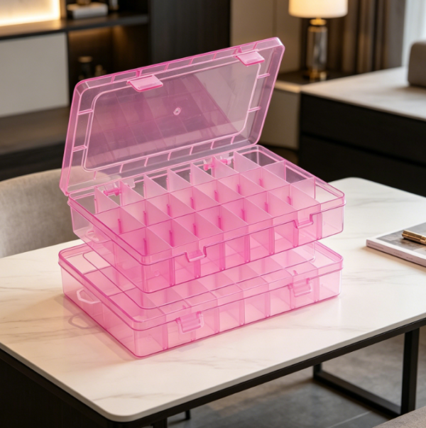Pink 24 Compartment Storage Box With Adjustable Dividers (2 Pack)