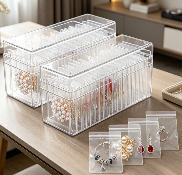 Clear Acrylic Jewelry Storage Box With Jewelry Pouches