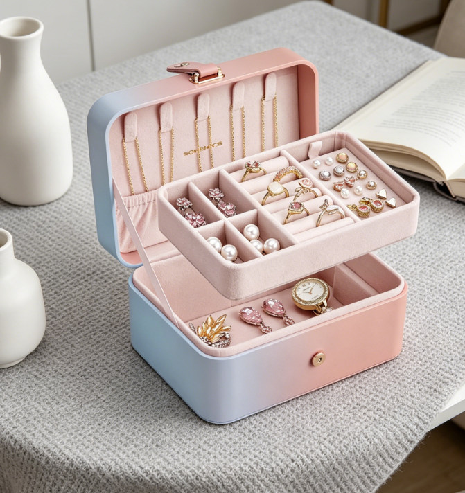 Double Layer Jewelry Box With Metal Hardware