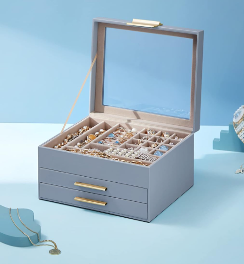 3 Tier Jewelry Box With Glass Lid And Two Drawers