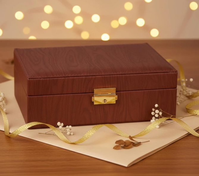 Large Capacity Double Layer Wood Grain Pu Jewelry Box Image 2
