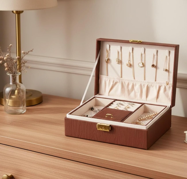Large Capacity Double Layer Wood Grain Pu Jewelry Box