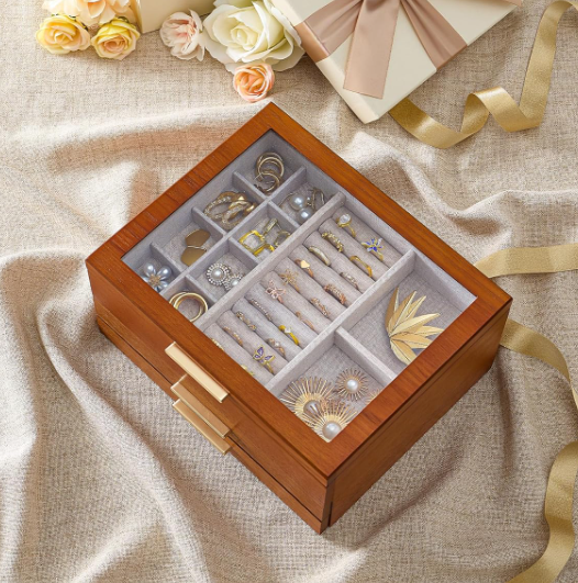 3 Tier Wood Grain Jewelry Box With Transparent Window