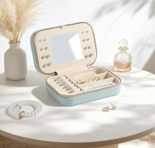 Portable Genuine Leather Travel Jewelry Box With Mirror